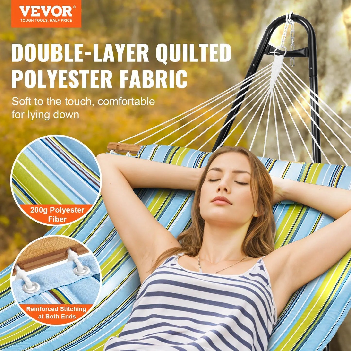 Double Quilted Fabric Hammock Two Person Hammock with Stand 480lb Capacity