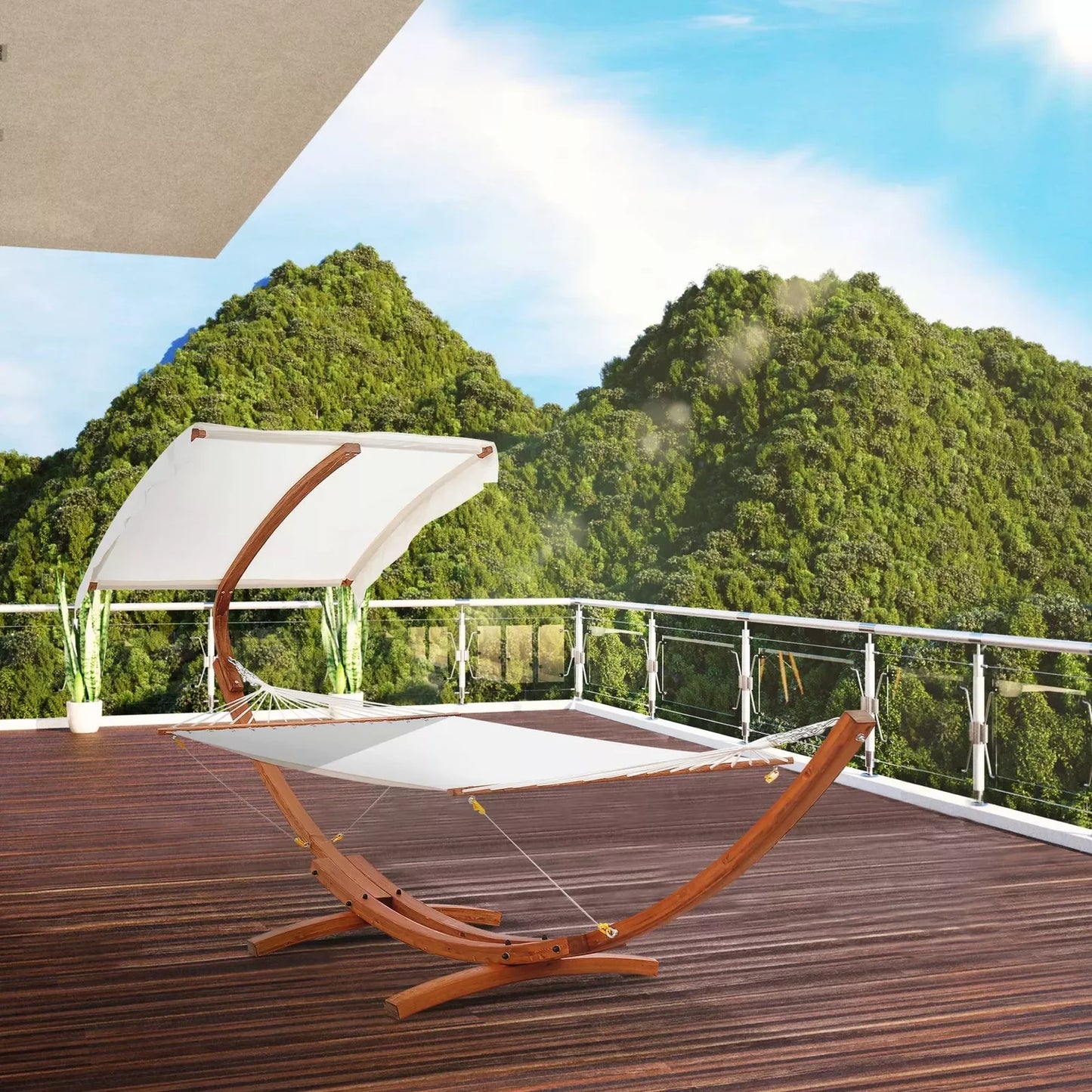 Outdoor Hammock With Stand & Accessories, Heavy Duty Wooden Frame, Extra Large Sun Shade Canopy