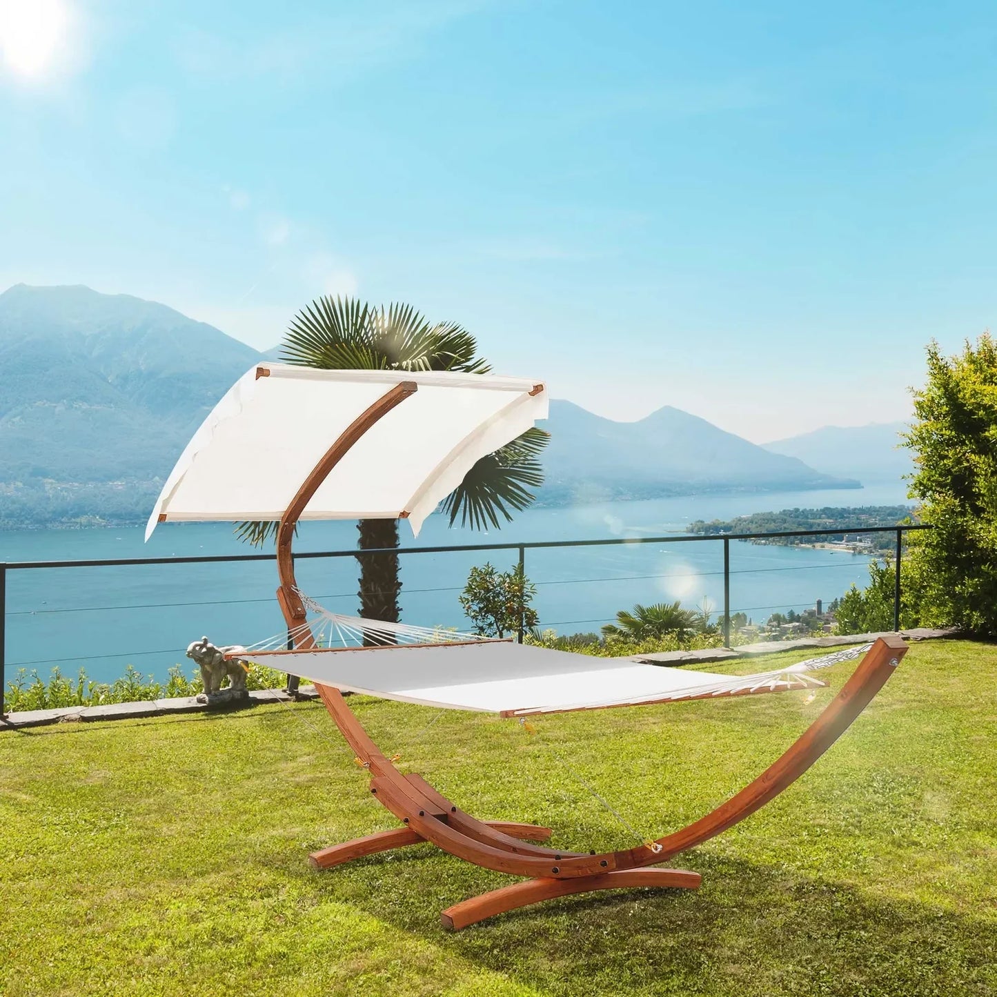 Outdoor Hammock With Stand & Accessories, Heavy Duty Wooden Frame, Extra Large Sun Shade Canopy