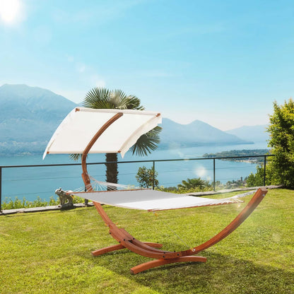 Outdoor Hammock With Stand & Accessories, Heavy Duty Wooden Frame, Extra Large Sun Shade Canopy