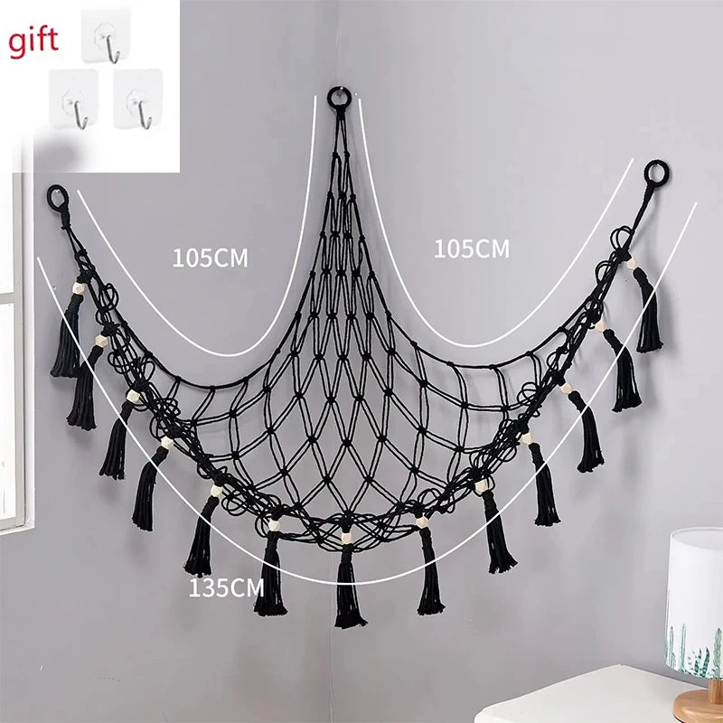 Plush Toy Hammock Large Capacity Stuffed Animals Organizer Net Macrame Tassels Boho Home Wall Decoration Hanging Basket