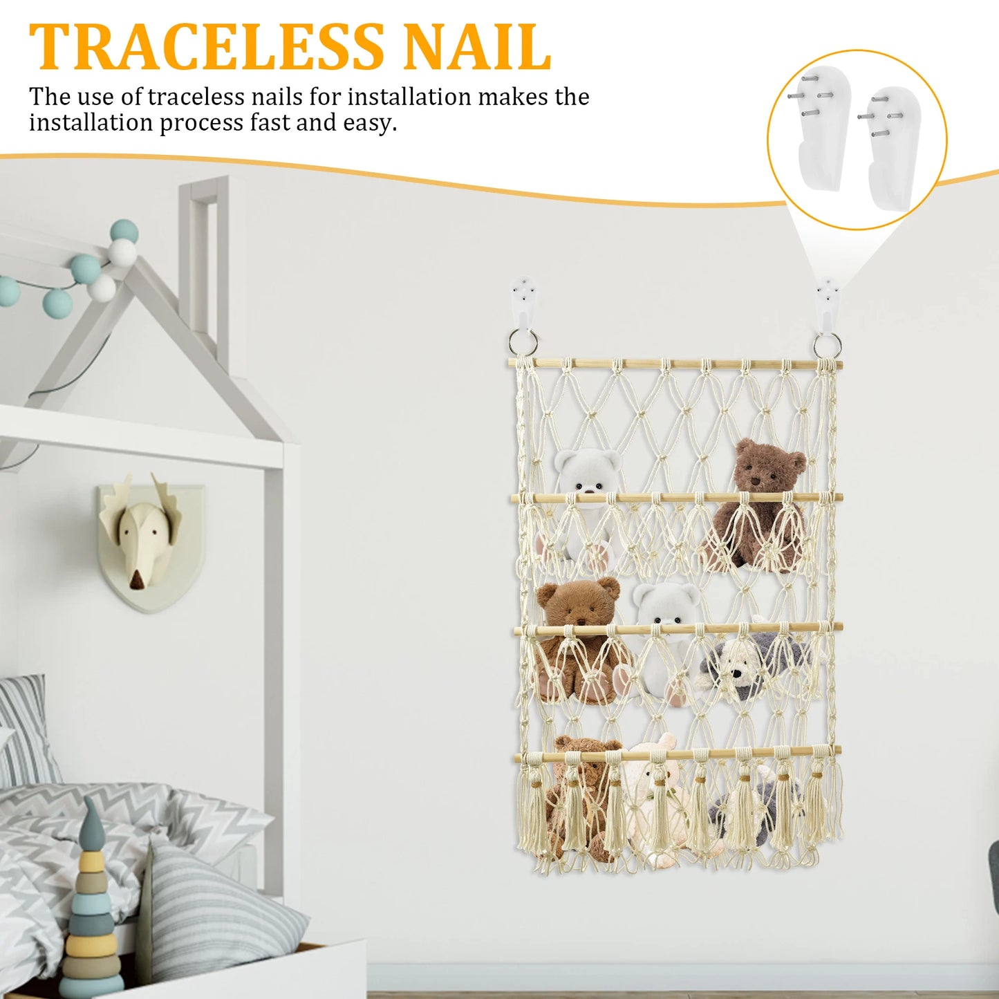 Stuffed Animal Toy Net Hammock Handmade Woven Cotton Rope Decoration Wall Hanging Organizer  Toy Doll Hammock ﻿