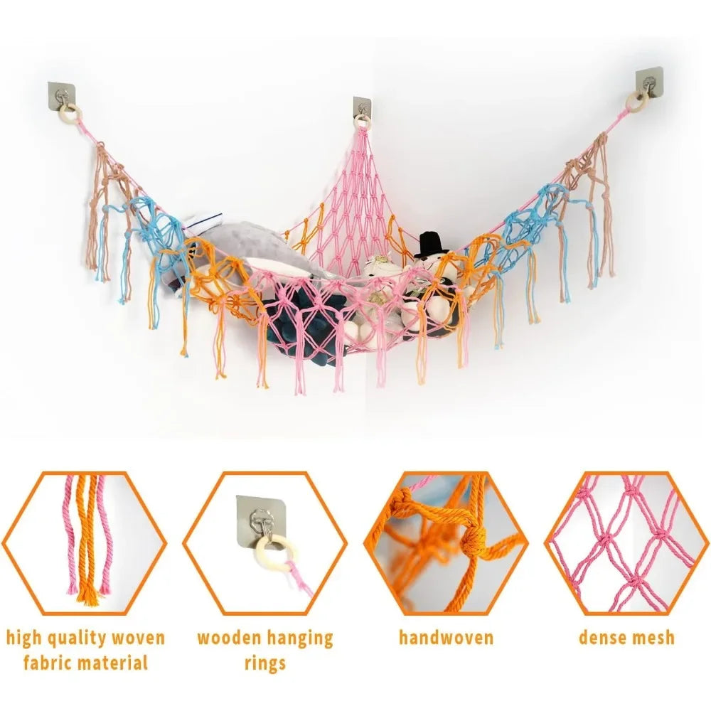 Plush Toy Hammock Large Capacity Stuffed Animals Organizer Net Macrame Tassels Boho Home Wall Decoration Hanging Basket