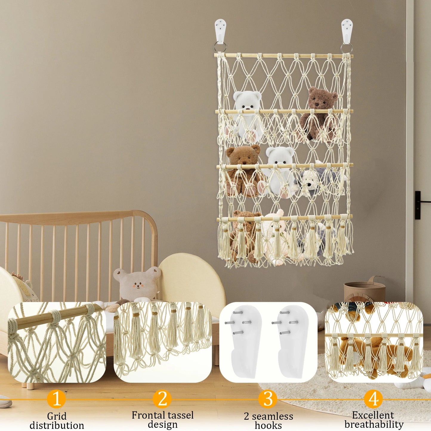 Stuffed Animal Toy Net Hammock Handmade Woven Cotton Rope Decoration Wall Hanging Organizer  Toy Doll Hammock ﻿