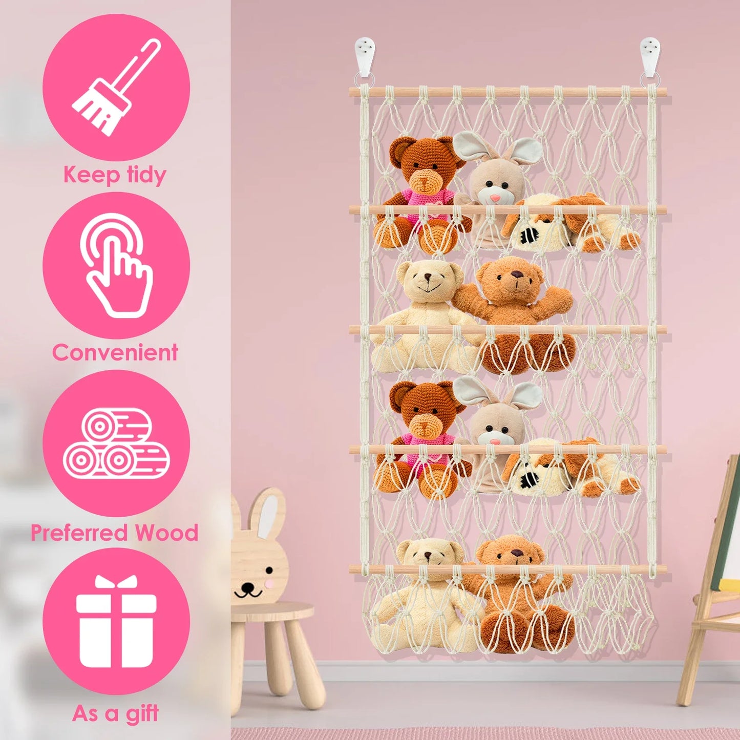 Stuffed Toy Storage Hammock 4-Layer Large Capacity Stuffed Storage Mesh Holder Hand-Woven Cotton Rope Hanging Organizer Washable