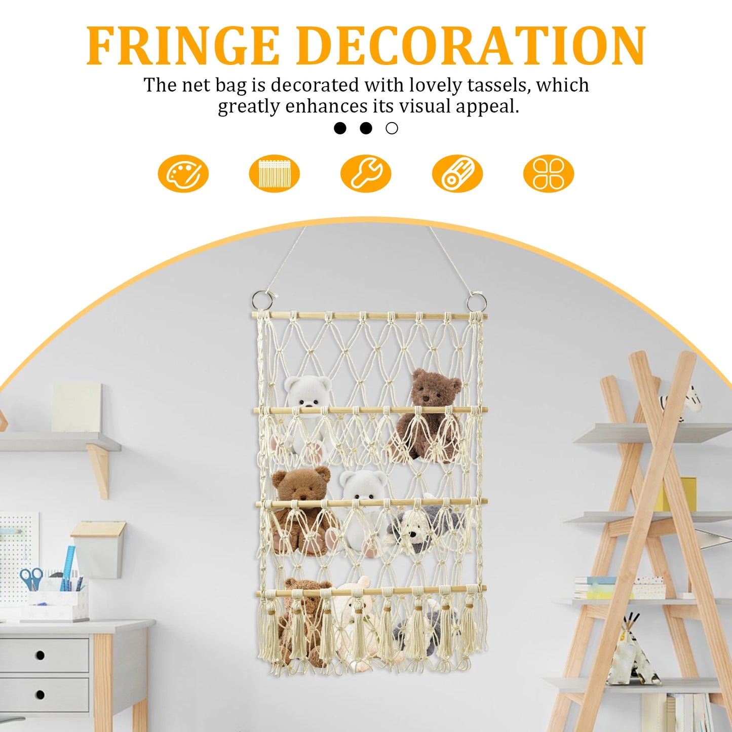 Stuffed Animal Toy Net Hammock Handmade Woven Cotton Rope Decoration Wall Hanging Organizer  Toy Doll Hammock ﻿