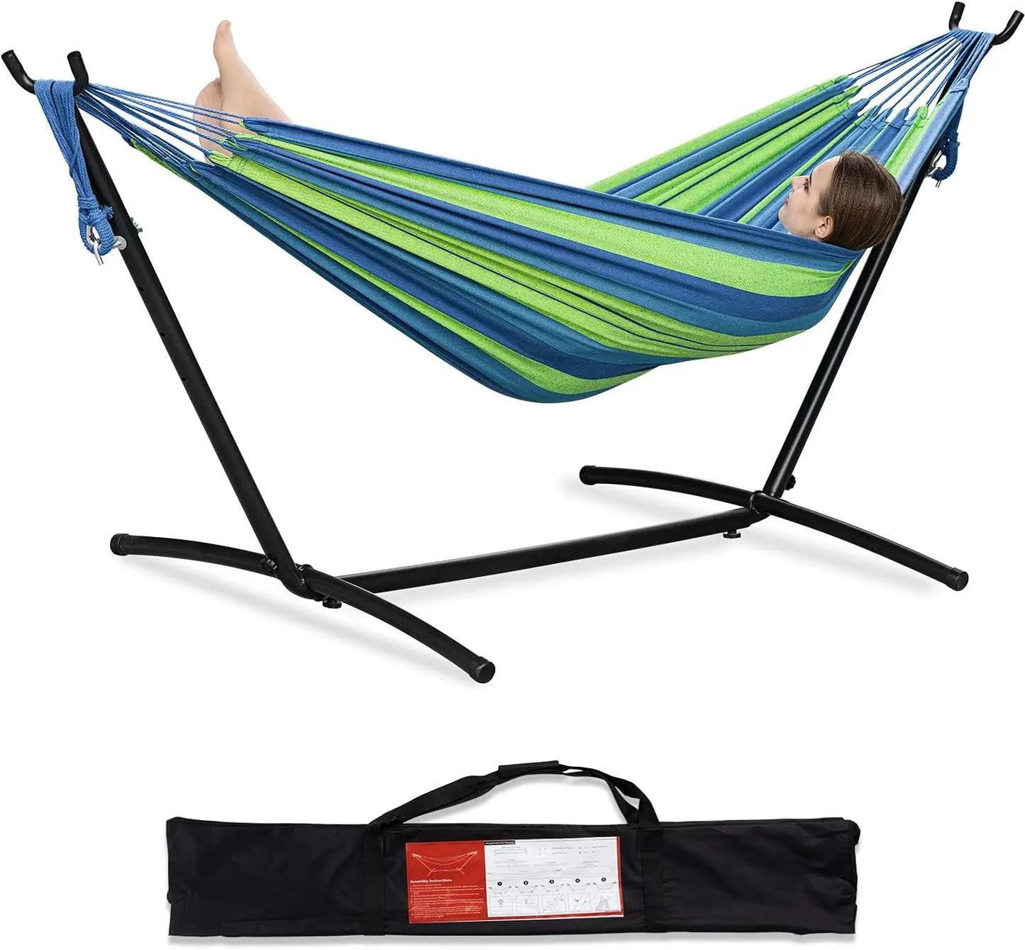 Double Hammock with Steel Stand  Outside Garden Yard Outdoor Camping 2 People Standing Hammocks and  Carrying Bag