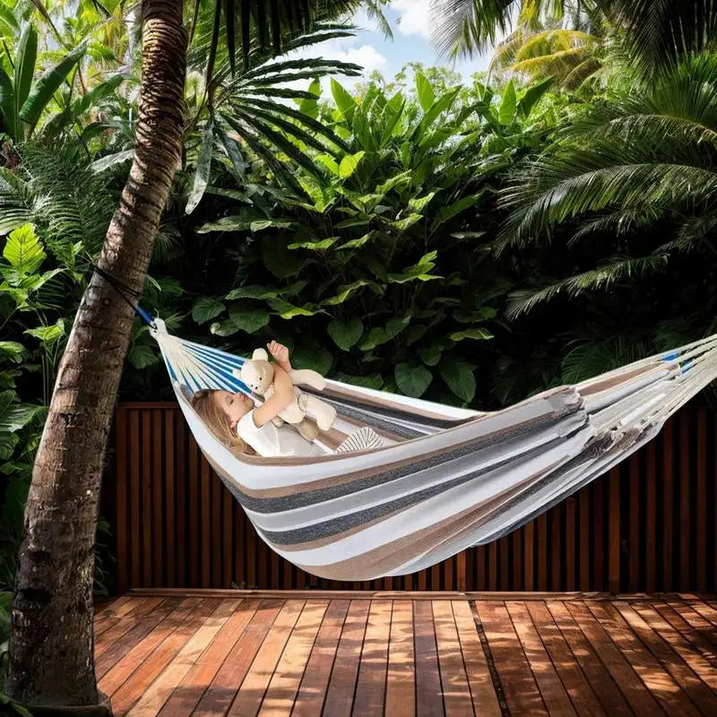 Hammocks For Outside Two-Person Tree Hammock Striped Tree Hammock Thickened Kids Camping Swing With Organizer Bag For Indoor