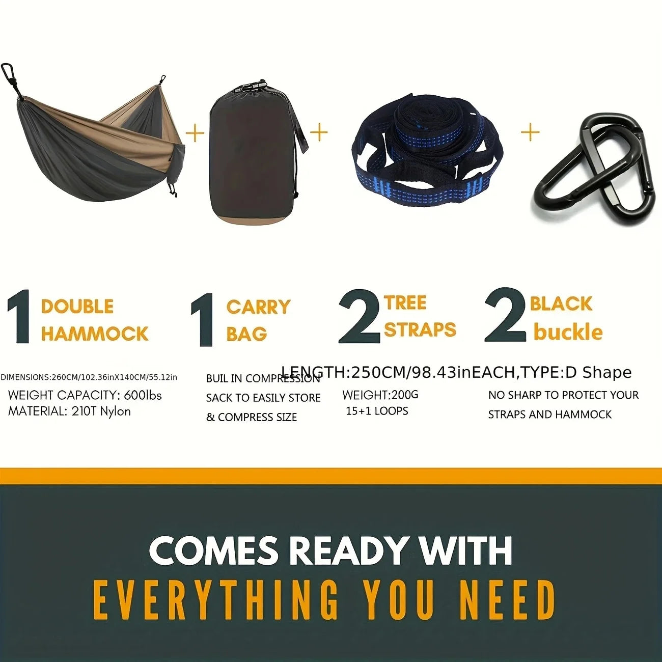 High - end Nylon Solid - Color Parachute Hammock with Adjustable Straps, for Single Use. Comes with Straps & Black Carabiners. I