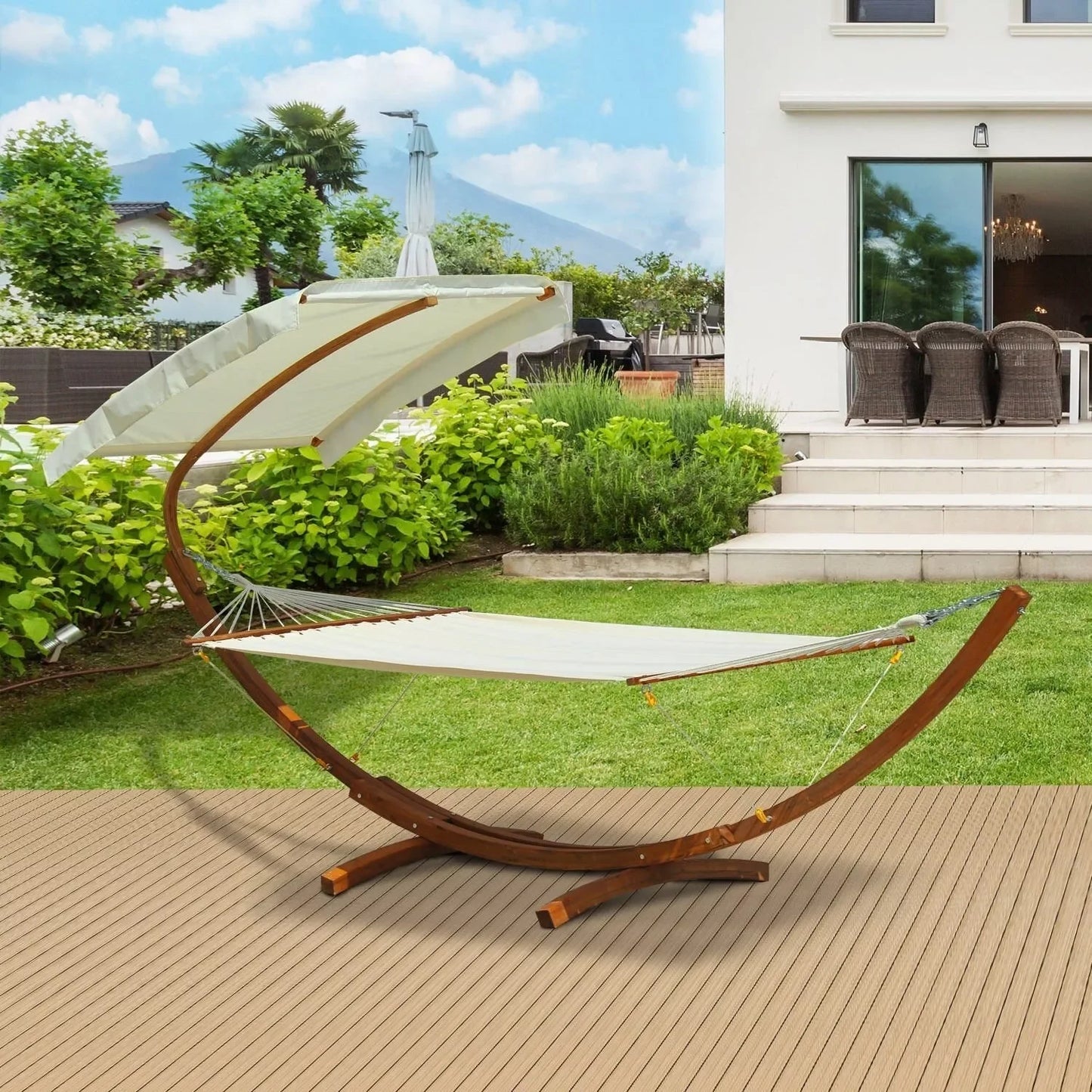 Outdoor Hammock With Stand & Accessories, Heavy Duty Wooden Frame, Extra Large Sun Shade Canopy