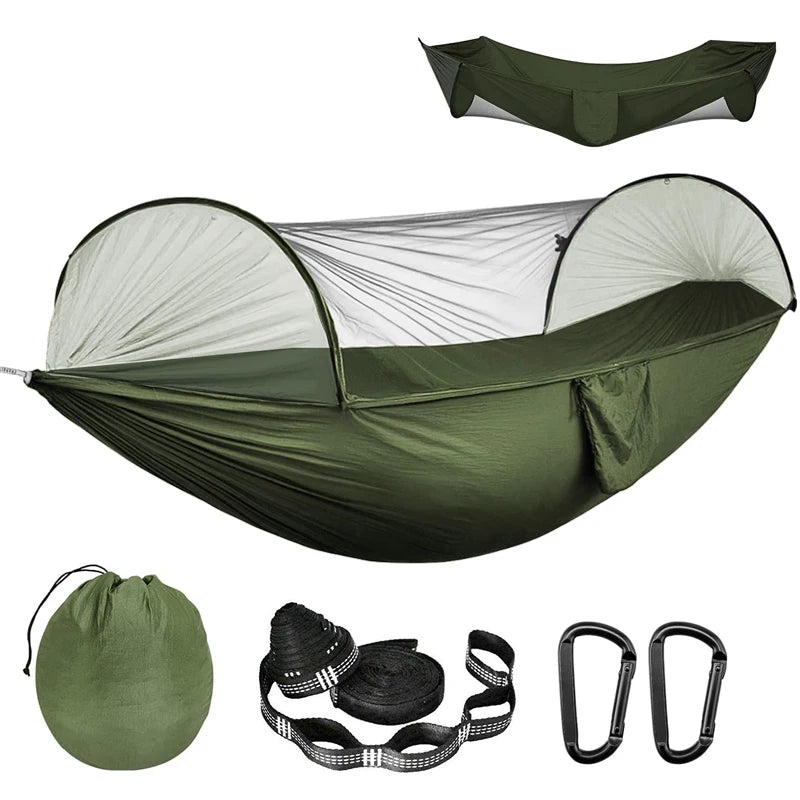 Double Camping Hammock with Mosquito Netting Pop-up Portable Hammock Ultralight Nylon Parachute Hammocks with Tree Straps