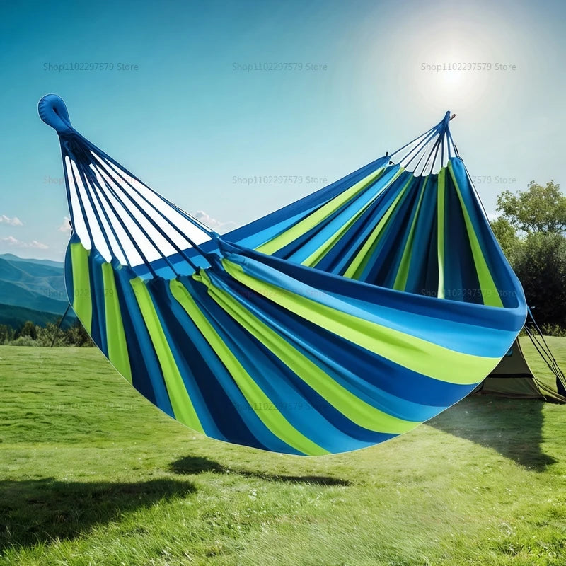 Outdoor Canvas Hammock Swing Single or Double Person Colorful Stripes Curved Stick Polyester Anti-Slip Comfortable Backyard