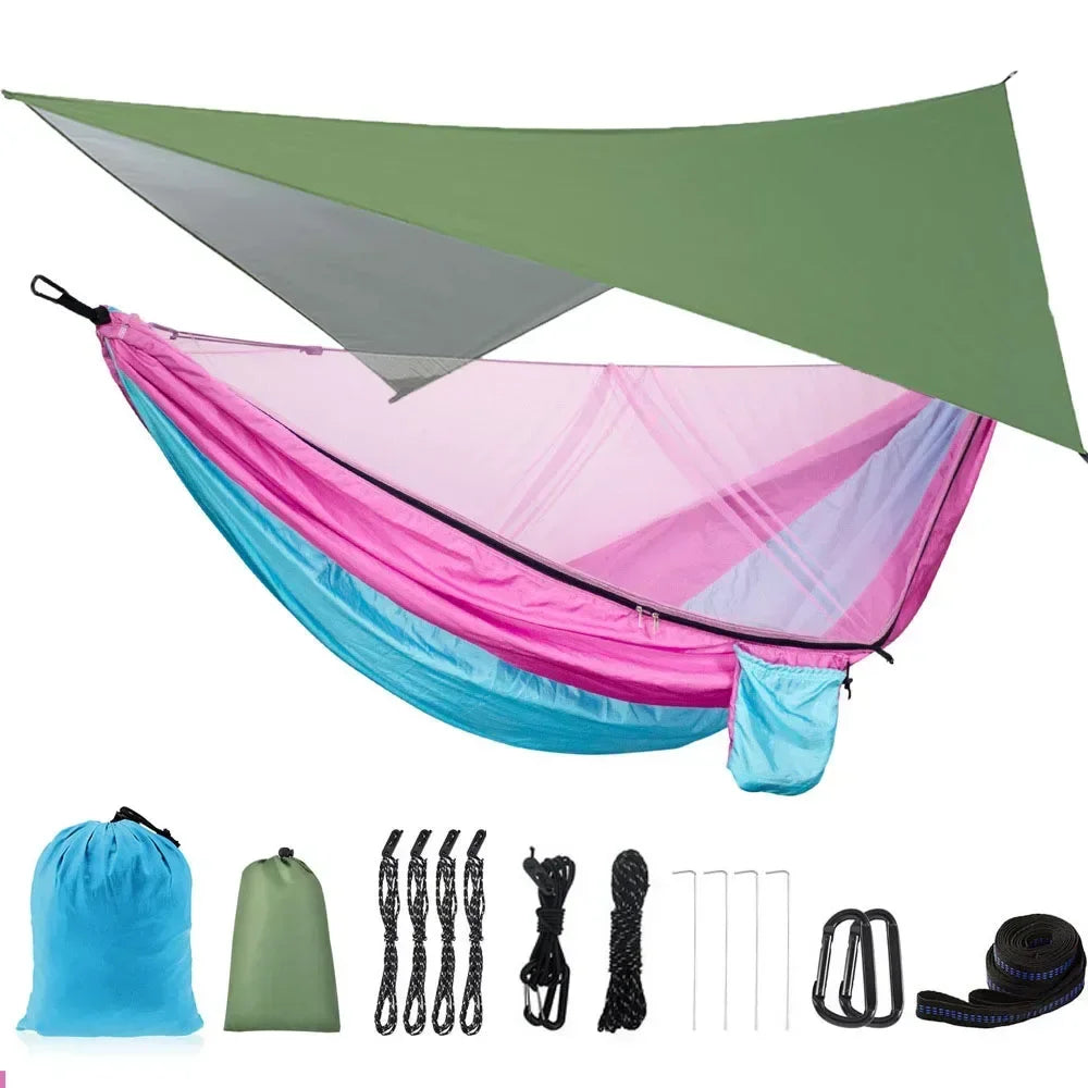Camping Hammock with Rain Fly Tarp and Mosquito Net Tent Tree Straps Portable Single Double Nylon Parachute Hammock for Travel
