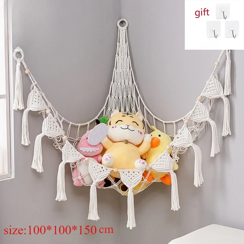 Plush Toy Hammock Large Capacity Stuffed Animals Organizer Net Macrame Tassels Boho Home Wall Decoration Hanging Basket