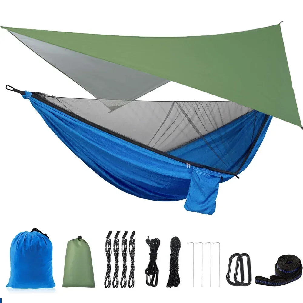 Camping Hammock with Rain Fly Tarp and Mosquito Net Tent Tree Straps Portable Single Double Nylon Parachute Hammock for Travel