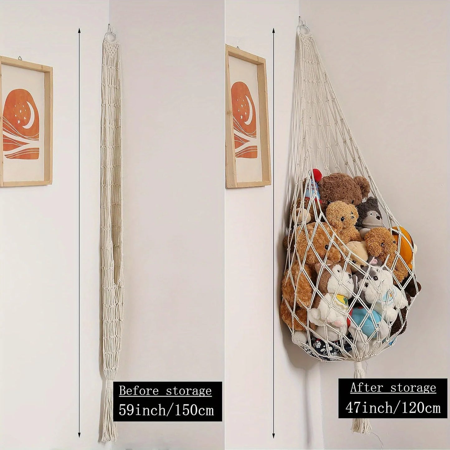 Animal Storage Macrame Hammock, Large - Boho Room Decor Toy Storage - Corner Hanging Plushie Stuffed Animal Net Organizer