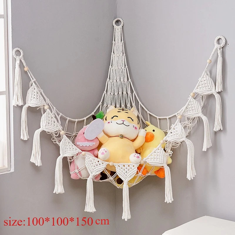 Plush Toy Hammock Large Capacity Stuffed Animals Organizer Net Macrame Tassels Boho Home Wall Decoration Hanging Basket