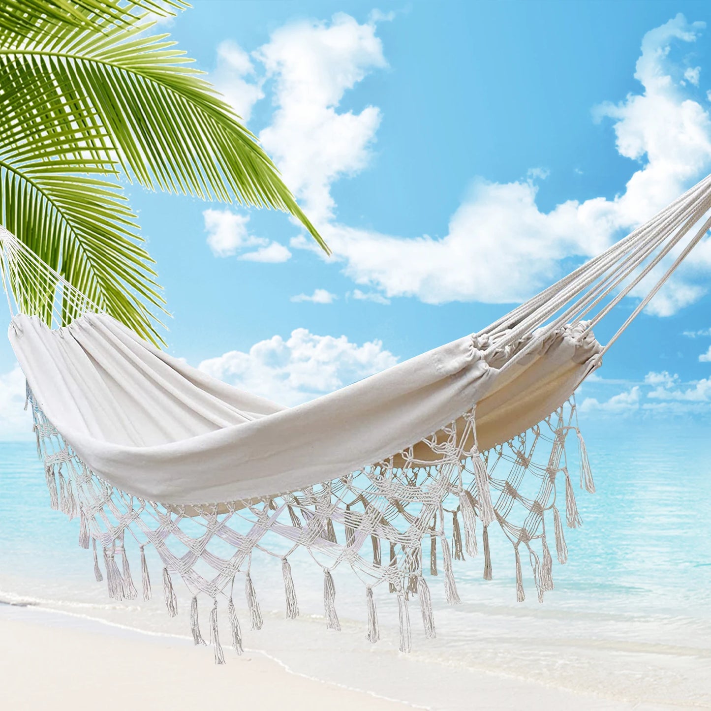 Macrame Fringe Hammock Boho Balcony Hammock Handmade Tassels Hammock 2 Person Double Hammock for Home Outdoor Backyard Beach