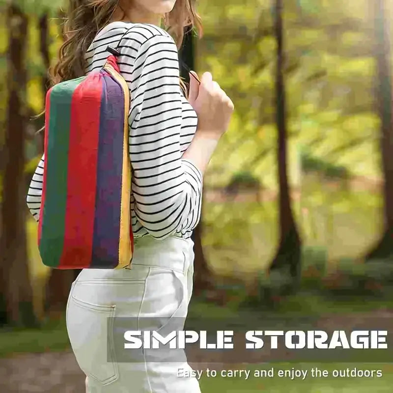 Portable Hammock with Mattress Blue and Red Stripes Straps and Storage Bag Suitable for Camping Outdoor and Indoor Use