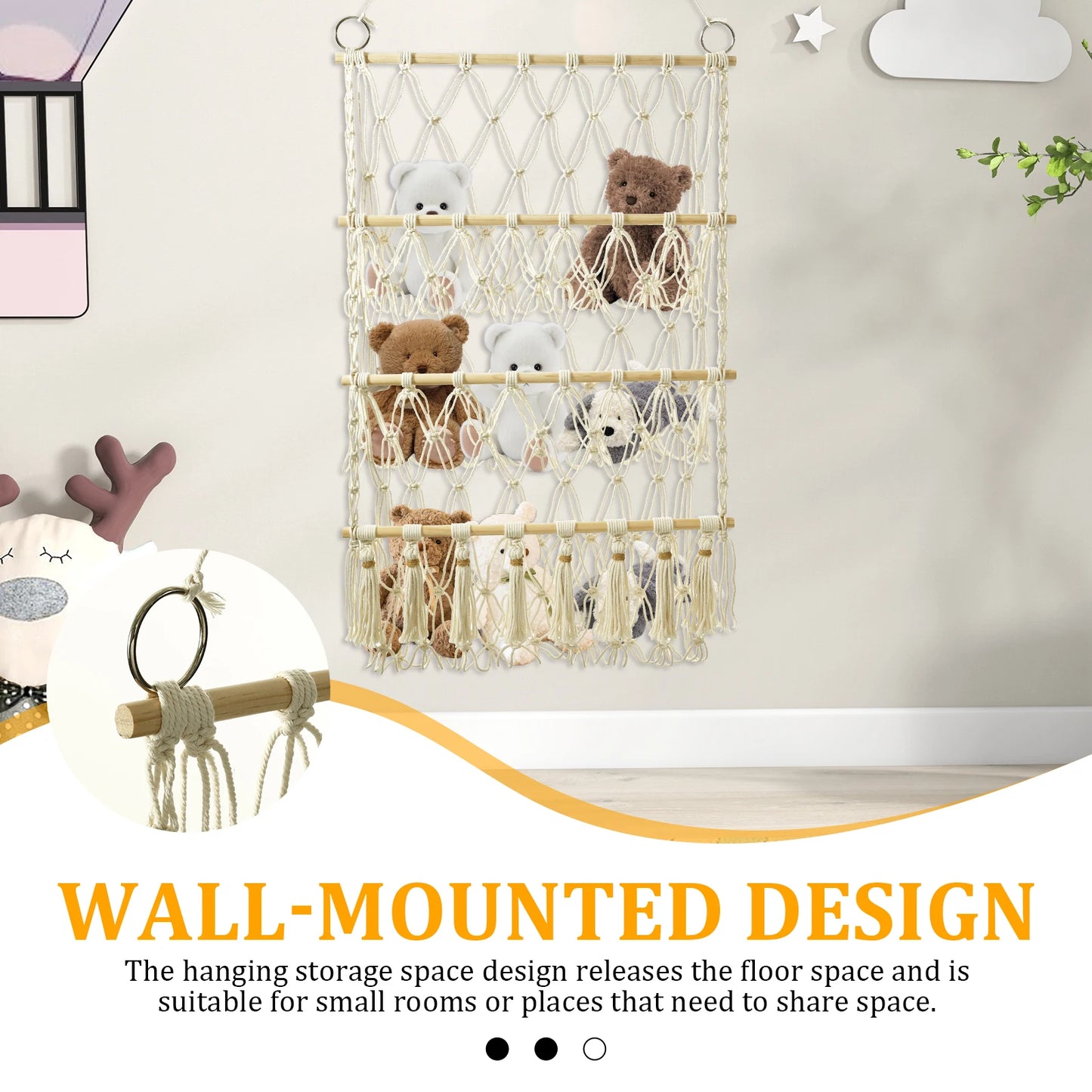 Stuffed Animal Toy Net Hammock Handmade Woven Cotton Rope Decoration Wall Hanging Organizer  Toy Doll Hammock ﻿
