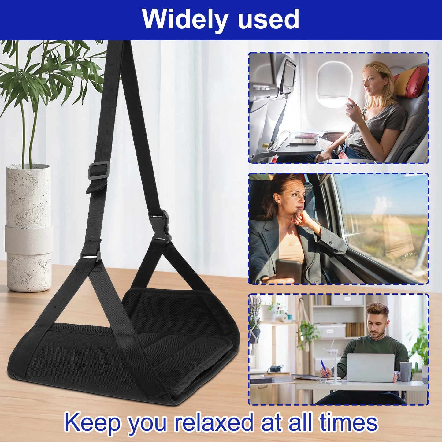 Airplane Foot Hammock Portable Airplane Footrest with Adjustable Strap Removable Pad Travel Leg Comfortable Support Plates
